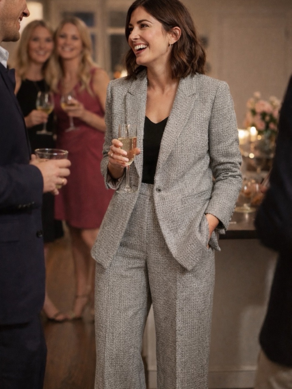 Alex Marie Tweed Silver Metallic Suit Set Long Blazer Wide Leg Pants Lined 6